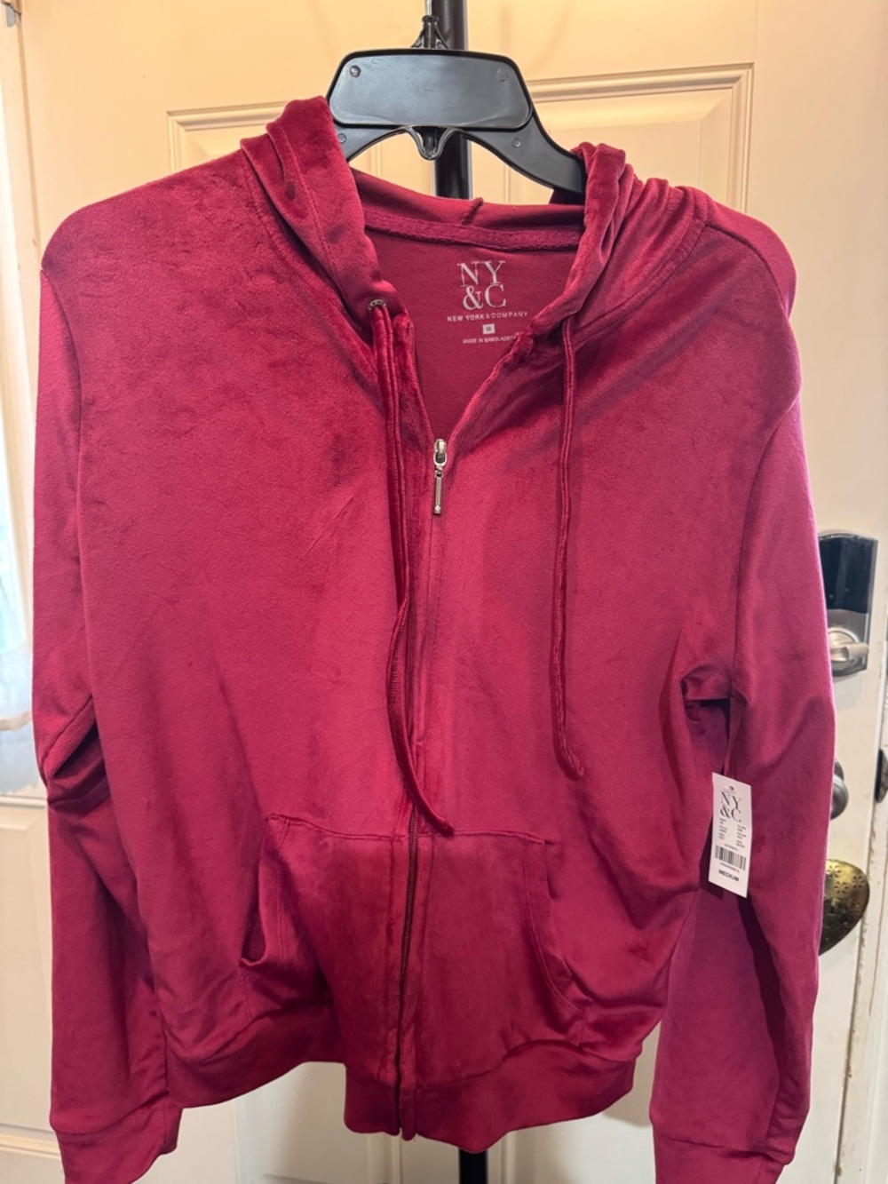 New York & Company Plush Zip Hoodie Jacket in Berry